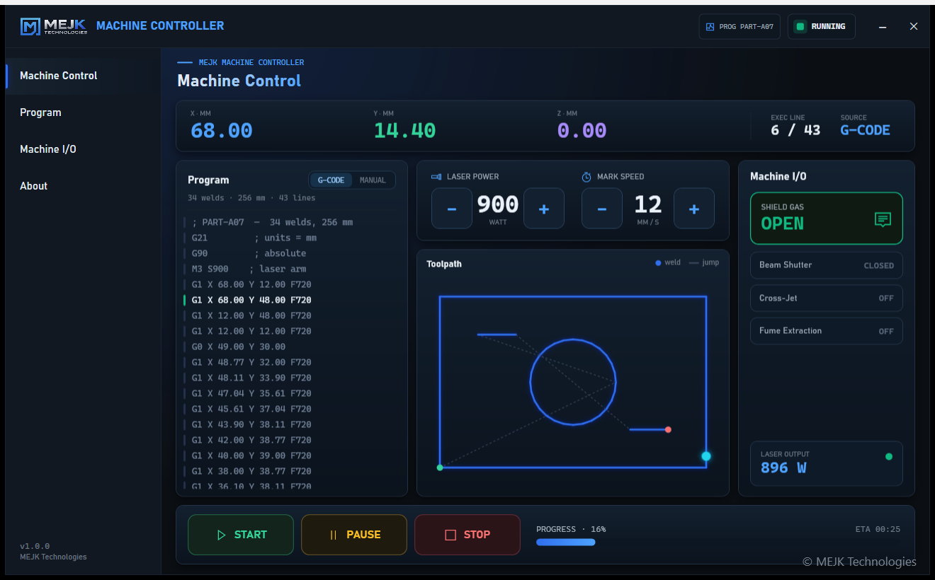 MEJK Machine Controller — demo view
